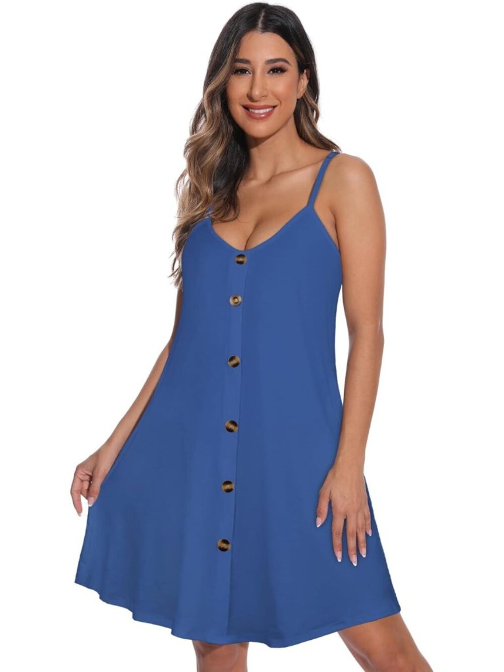 Women's Blue Summer Dresses Spaghetti Strap Button Down V Neck Sundress Beach - Picture 3 of 7